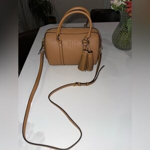 Tory Burch Thea Mini Satchel in Tiramisu pebbled leather. 